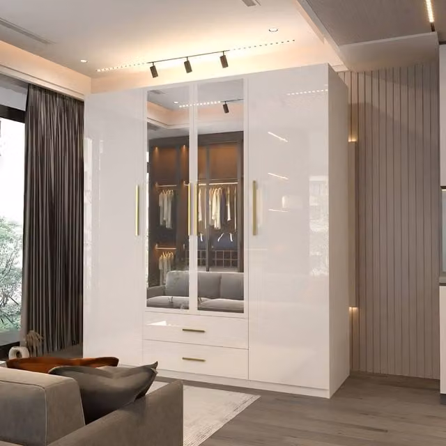 MN Furniture Modern High Gloss 4 Door Mirrored Wardrobe with Gold Handles in White W/H/D: 160 x 200 x 50 cm