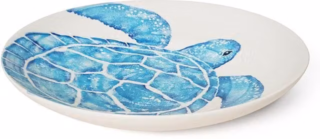 BlissHome Creatures Large Ceramic Serving Dish with Blue Turtle Design in White, Diameter: 39 cm