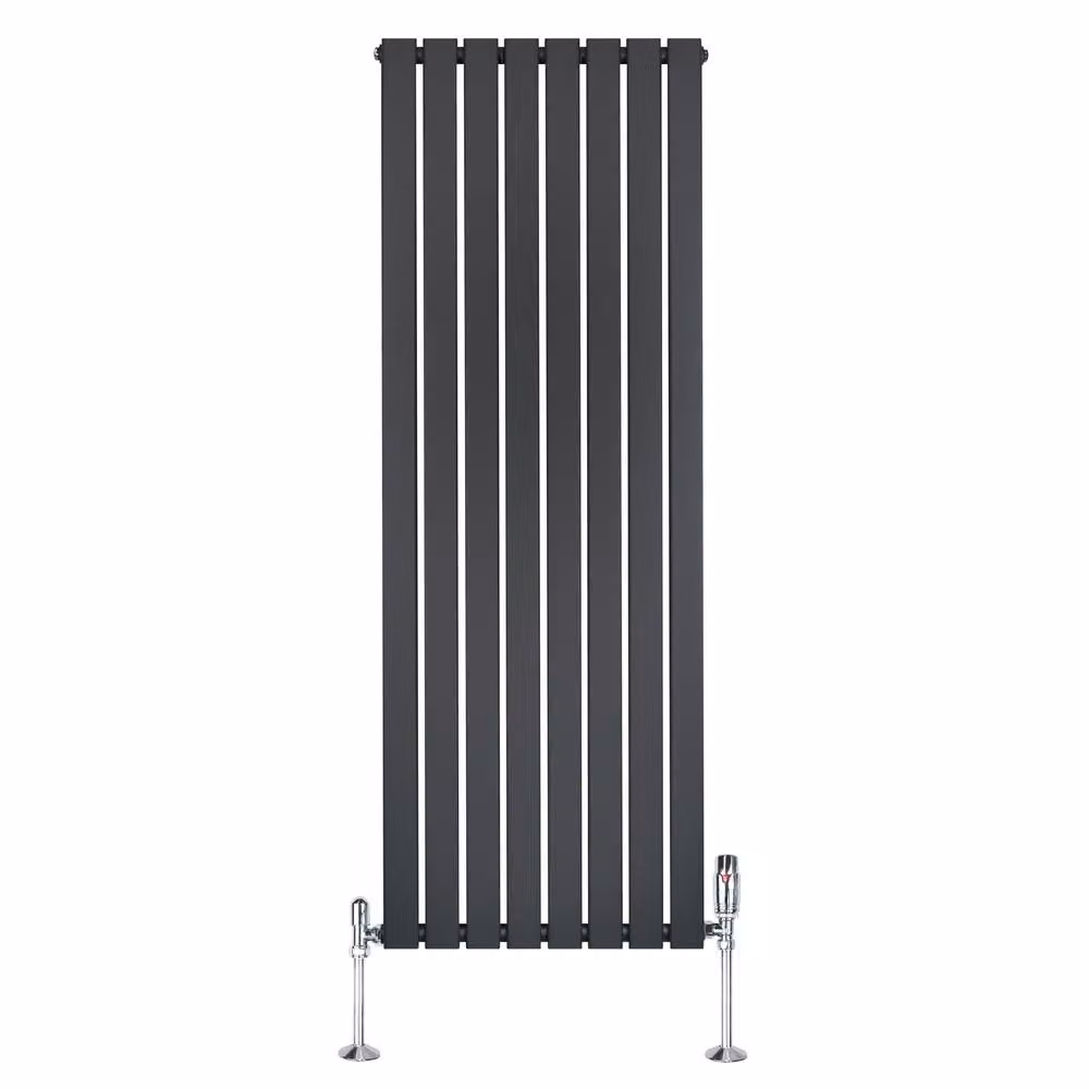 Monstershop Flat Single Column Steel Radiator and Thermostat Valves, Anthracite Grey, H: 160 cm, W: 56 cm, D: 5.6 cm – 2