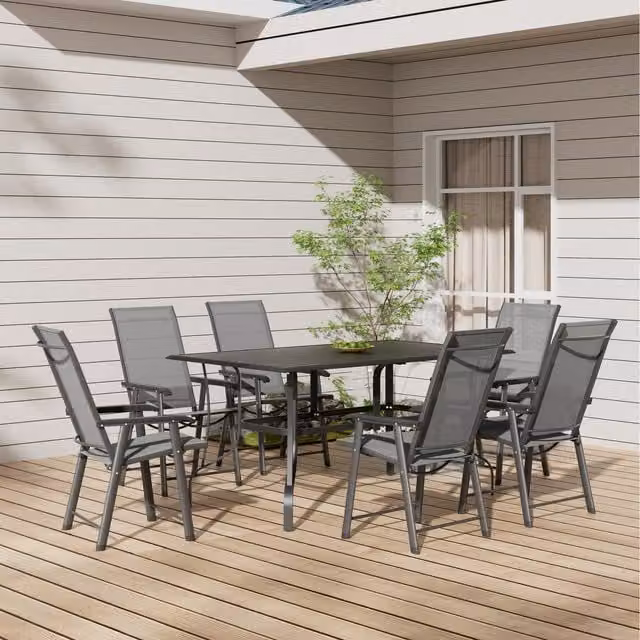 Livingandhome Metal Garden Coffee Table and Six Foldable Chairs Set in Dark Grey with Parasol Hole, W: 150 cm