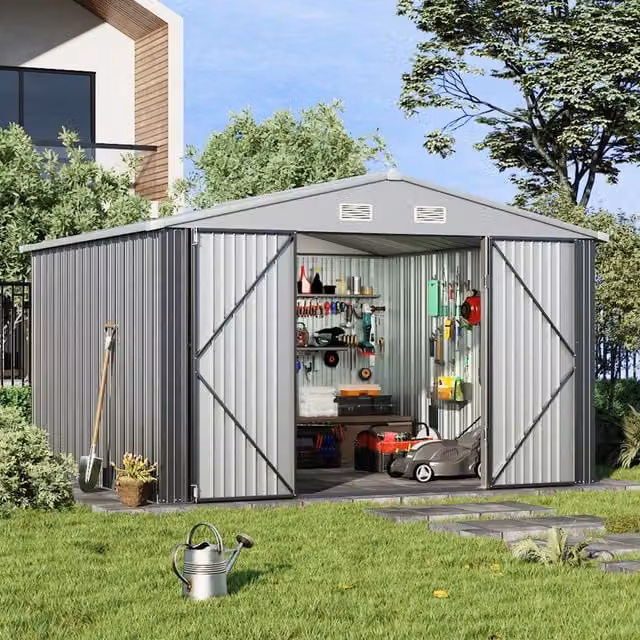 Breeins Metal Outdoor Storage Shed with Lockable Door, Grey and White, 304.8 x 304.8 cm