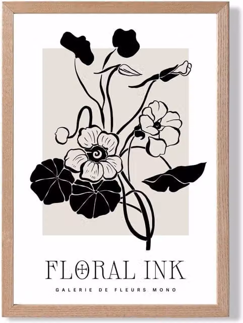 ARTZE Nasturtium Flowers Floral Ink Sketch Framed Print in Black and Beige with Oak Frame, A4