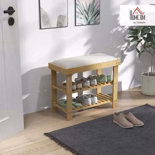 HOMCOM 3-Tier Bamboo Shoe Storage Bench with Upholstered Seat, White and Beige, W/D/H: 120 x 29 x 49 cm – 2