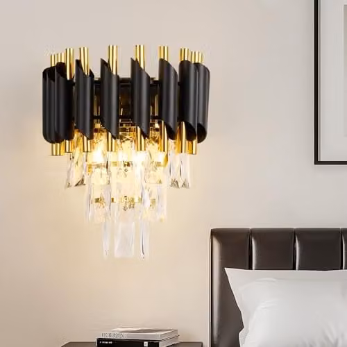 Harper Living Modern Crystal Wall Light in Black and Gold Finish with 3 Tiers and 2 x E14 Sockets