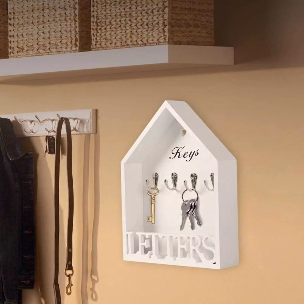 SPETLEK White Wall-Mounted Wooden Letter Rack and Key Holder with Hooks – 4