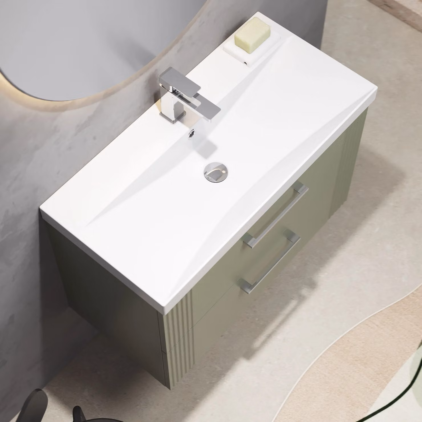 Balterley Wall Hung 2 Drawer Vanity Unit with Thin-Edge Basin, Satin Green, Width: 80 cm – 3