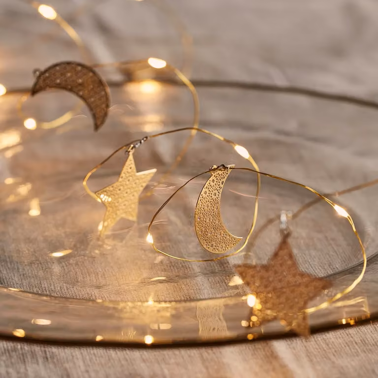 Lights4fun Gold Moon and Star Filigree Micro Warm White LED Battery Operated Ramadan String Light Garland, 1.9m