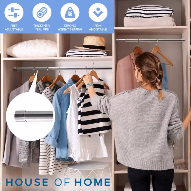 House of Home Extendable Stainless Steel Wardrobe Rail in Silver, W: 34 - 53 cm, D: 2.2 cm