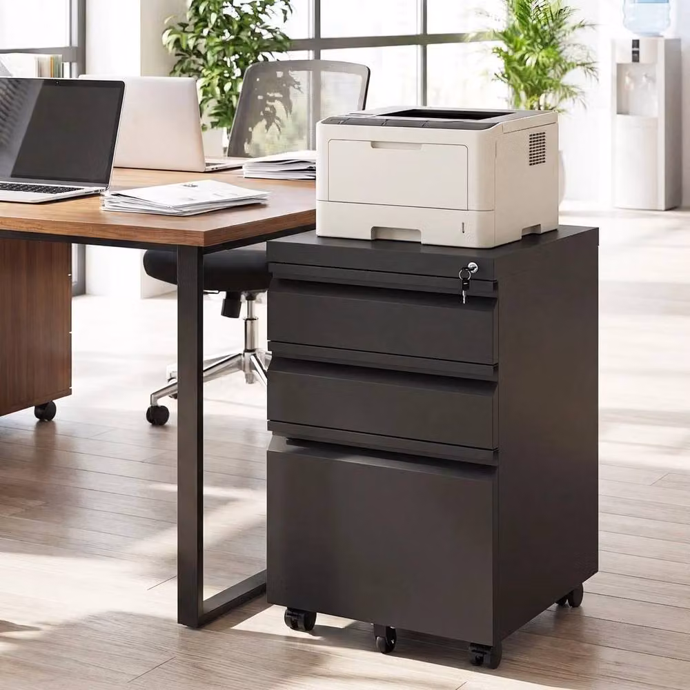 Kelvenix 3-Drawer Mobile File Cabinet in Black Metal with Lock and Castors – 3