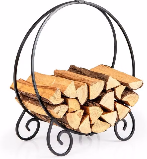 Gymax Folding A-frame Firewood Rack and Log Hoop in Black