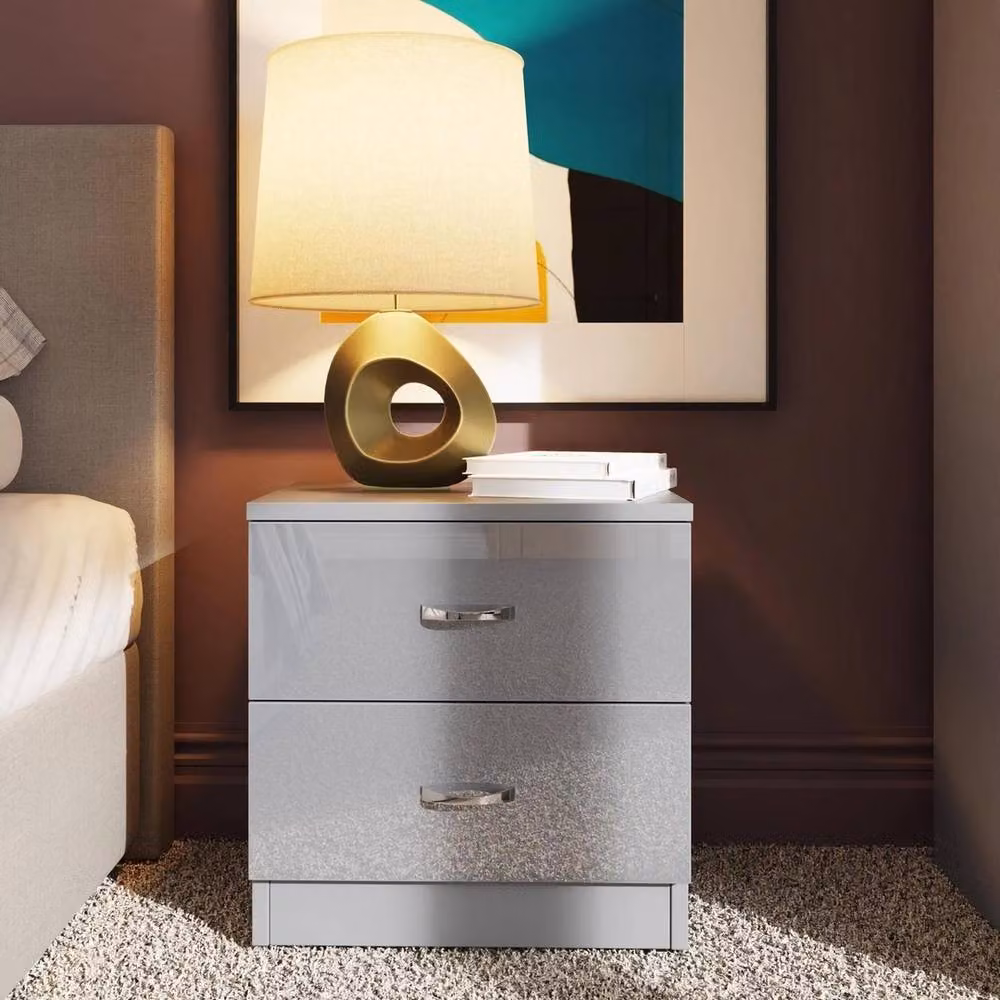 NESTLUNE Grey High Gloss 2 Drawer Bedside Cabinet, W/D/H: 15 x 15 x 100 cm – 2