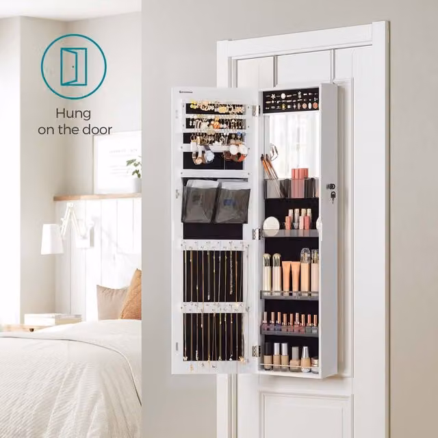 SONGMICS White Wall-Mounted Jewellery Storage Cabinet with Lock, Mirror and Integrated Lighting