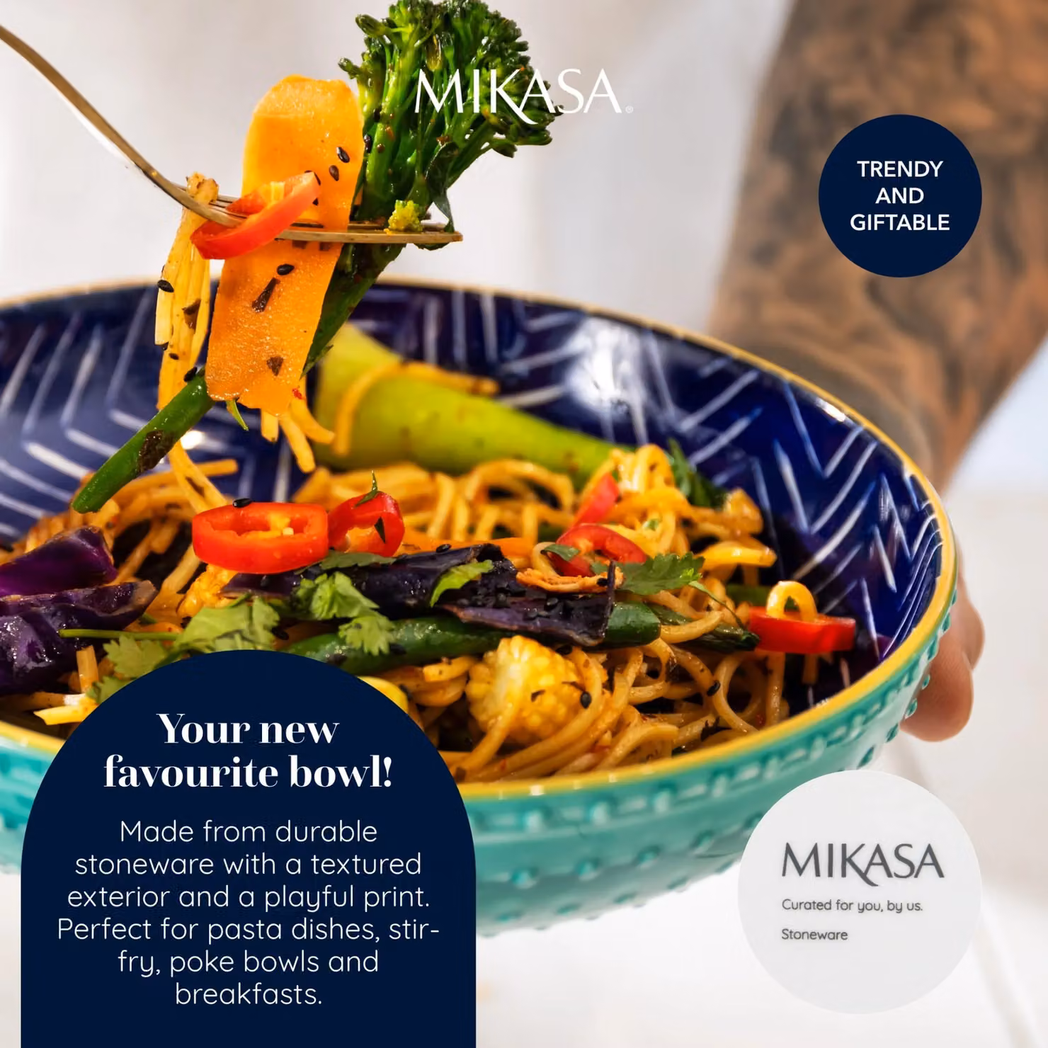 Mikasa Blue Indigo Chevron Geometric Glazed Stoneware Pasta Bowl, 21 cm – 5