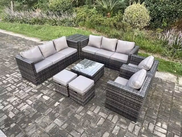 Fimous Rattan Garden Furniture Set in Dark Grey with 2 Armchairs, Square Coffee Table, Side Table and 2 Footstools – 1