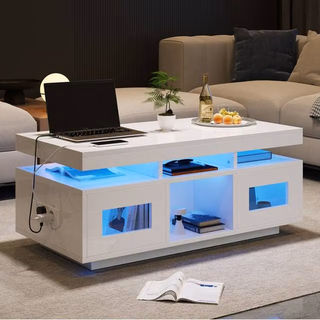 Merax High Gloss LED Coffee Table with Integrated Power Sockets and USB Ports in White – 1