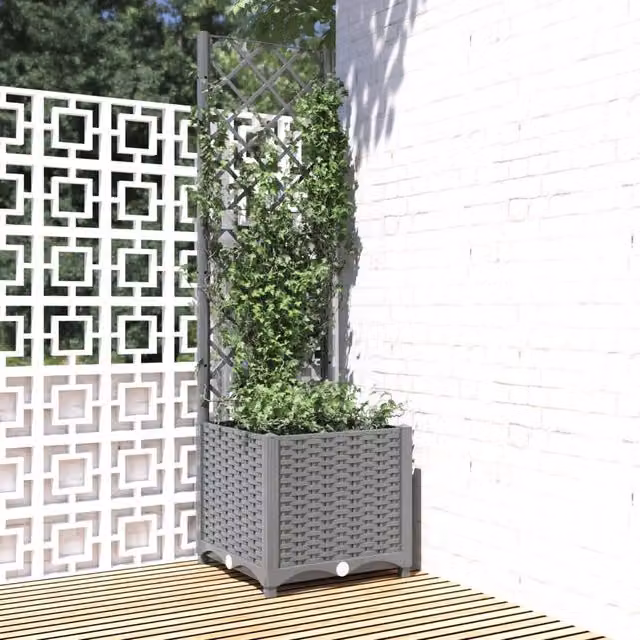 Berkfield Home Garden Planter with Trellis in Grey, W/D/H: 40 x 40 x 136 cm