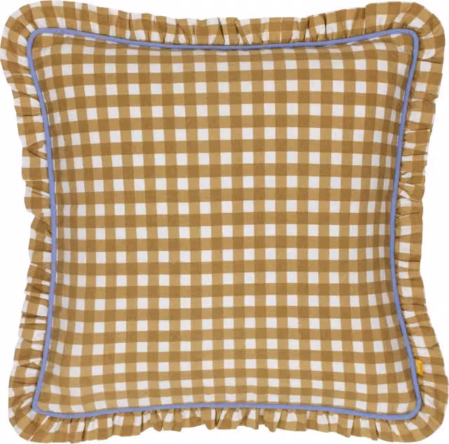 Maude Gingham Reversible Piped Feather Rich Cushion in Gold