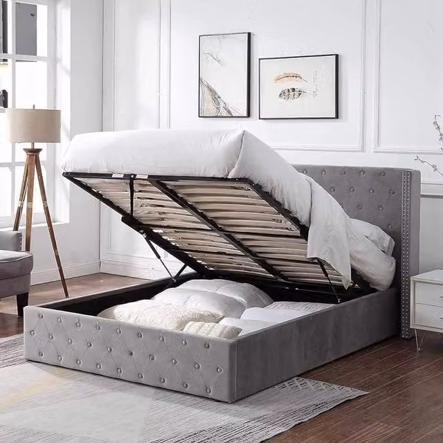 Home Treats Grey Velvet Ottoman Bed Frame, W/D/H: 140 x 200 cm