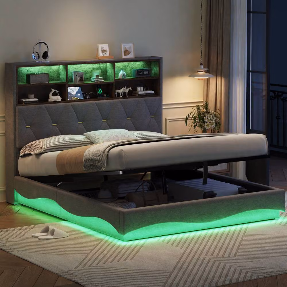 ModernLuxe Upholstered King Ottoman Bed in Grey with LED Headboard and USB Charging Port, W/D/H: 154 x 200 x 30 cm – 2