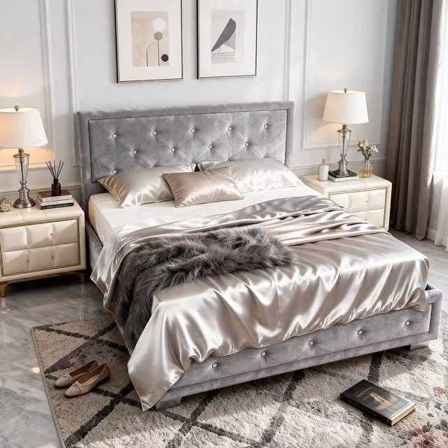 Comfy Living Ltd Silver Crushed Velvet Upholstered Bedframe with Lift Up Base, W/D/H: 140 x 200 x 110 cm