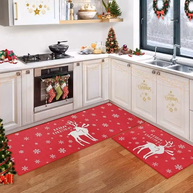 London Boutique 2-Piece Merry Christmas Washable Kitchen Rug Set in Red, W/D: 40 x 120 cm – 1