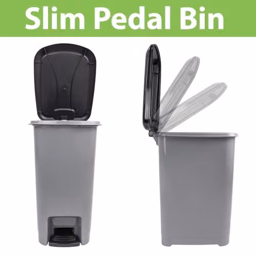JVL Slim Plastic Lidded Foot Pedal Waste Bin, 60L, Grey, H: 63.0 cm, W: 37.0 cm, D: 25.0 cm – 2