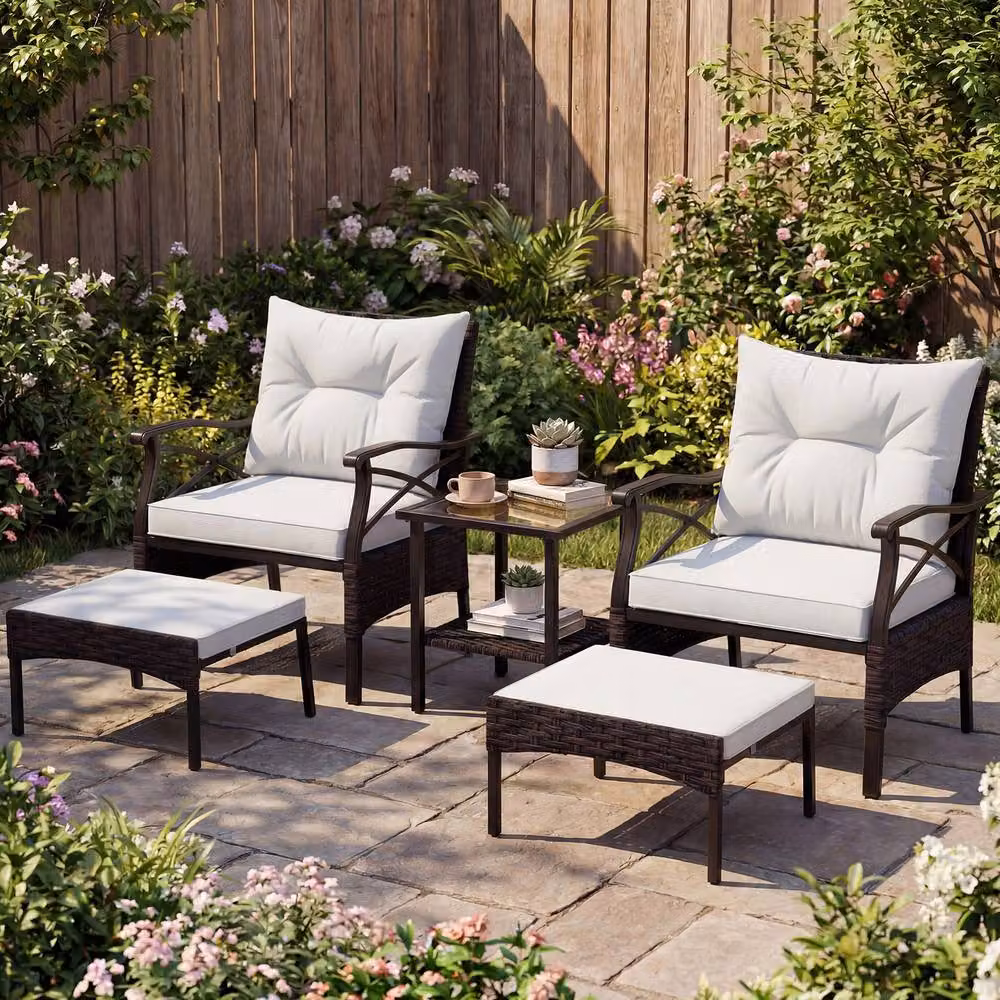 Gymax 5 Piece Dark Brown Polyrattan Patio Set with Armchairs, Coffee Table, Ottomans and Cushions – 6