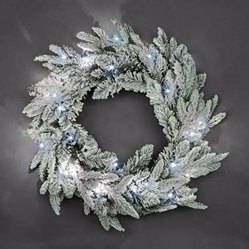 Shatchi Lapland Fir Pre-Lit Christmas Wreath in Green and White, Diameter: 55 cm