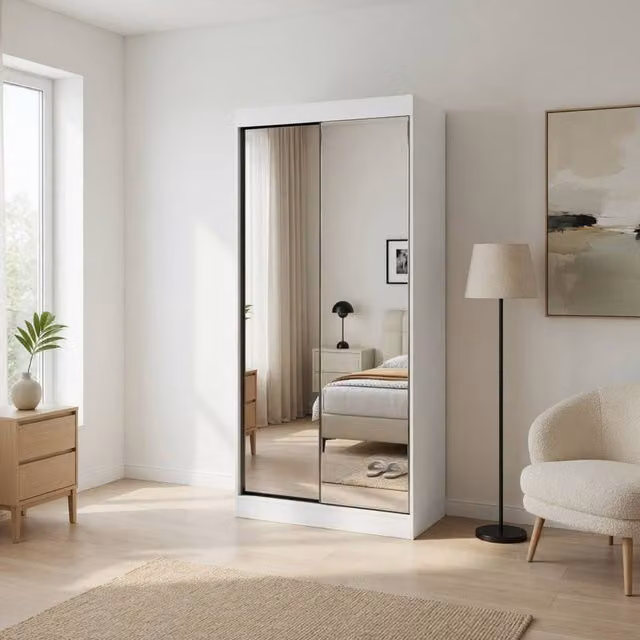 KDMD Chichester White Modern Sliding Door Wardrobe with Full Mirrors W: 100 cm, H: 220 cm, D: 62 cm