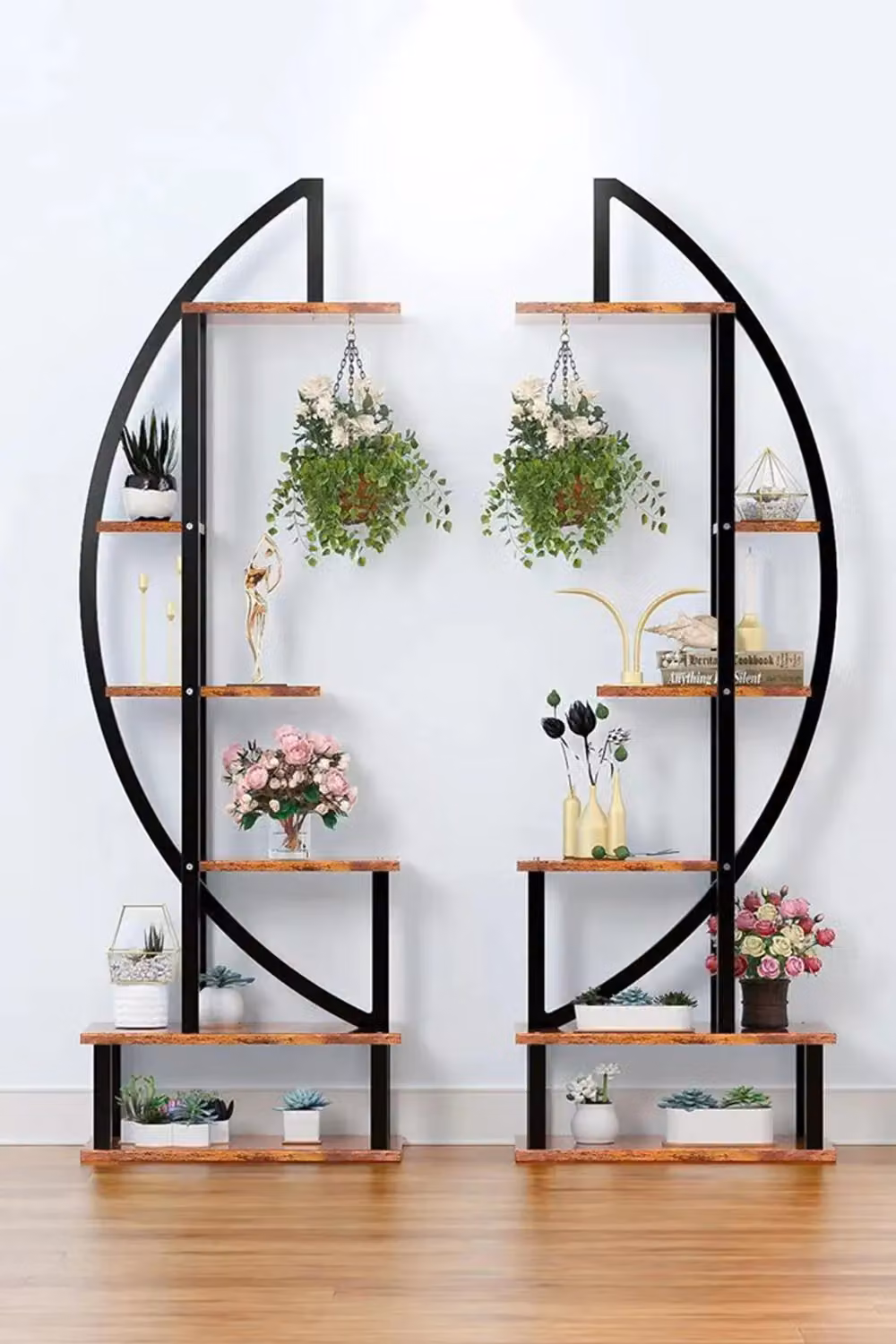 Living and Home 2 Piece Crescent 6-Tier Wood Plant Stand and Flower Rack Display Shelf with Hooks in Dark Brown – 2