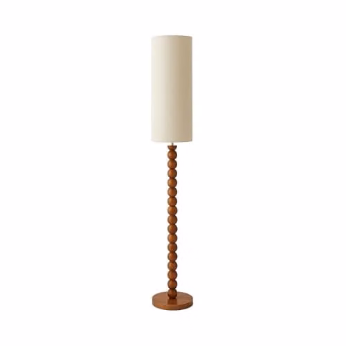 ValueLights Wyatt Bobbin Floor Lamp with Natural Linen Shade and LED Bulb in Brown and Beige – 1