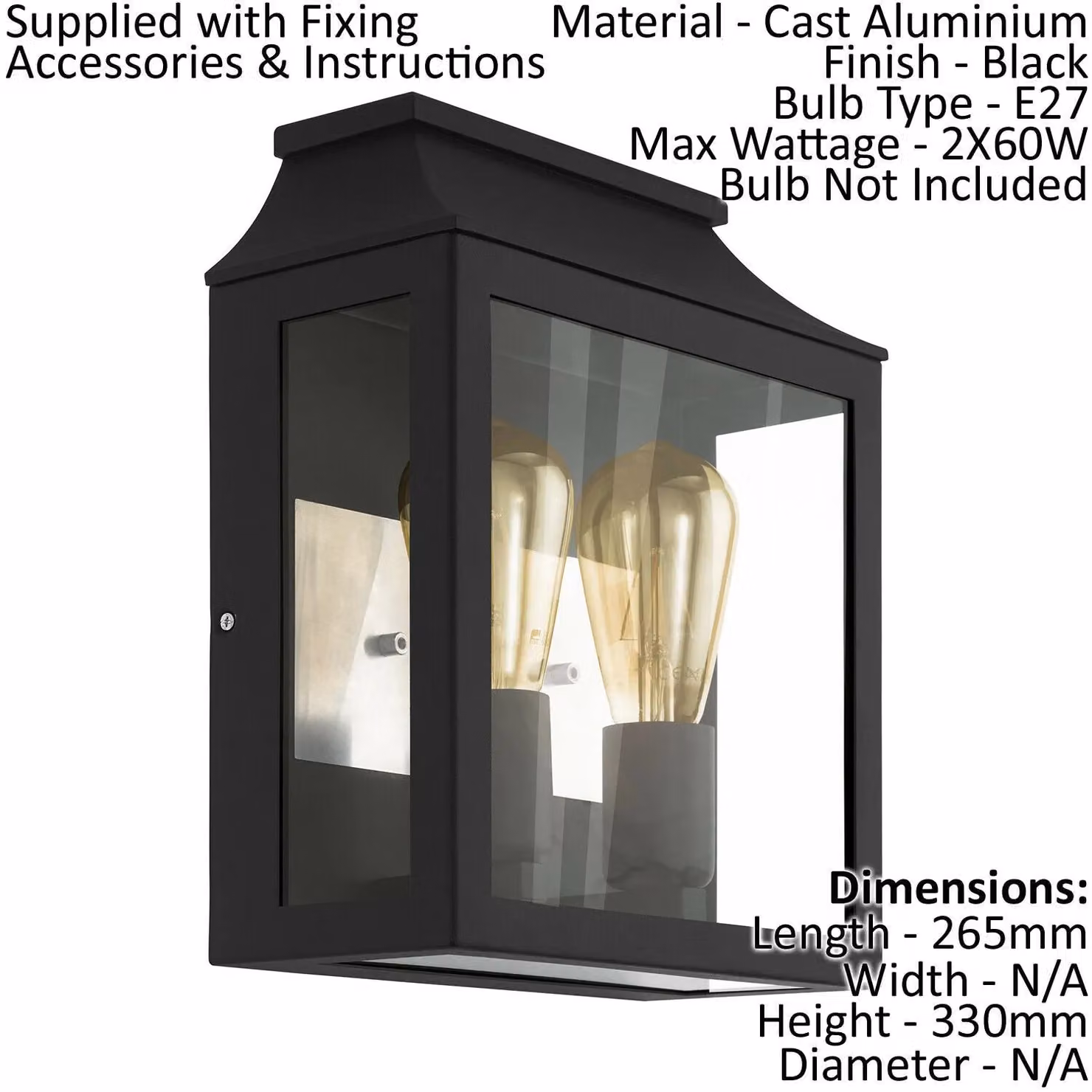 Loops Black Aluminium and Glass Rectangular IP44 Outdoor Wall Light for Garden and Porch, H 33.0 cm x W 12.0 cm x D 33.0 cm, 2x E27 Bulb Holder – 2