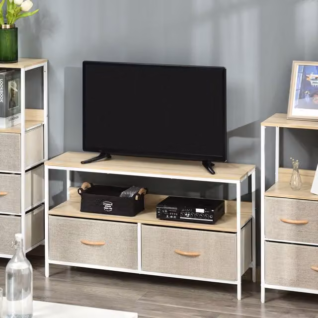 HOMCOM Modern TV Console Unit with Foldable Linen Drawers in Light Grey