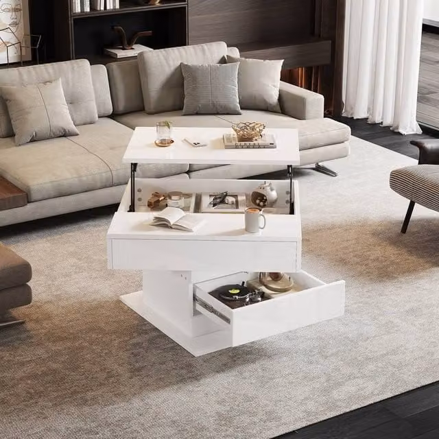 Rolipo White High Gloss Square Lift Top Coffee Table with Rotating Centre and Height Adjustment