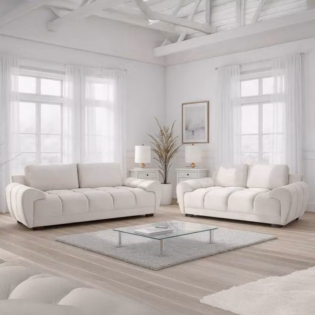 Furnishings For Less UK Zura Cream Fabric 3 + 2 Sofa Suite with Wooden Legs