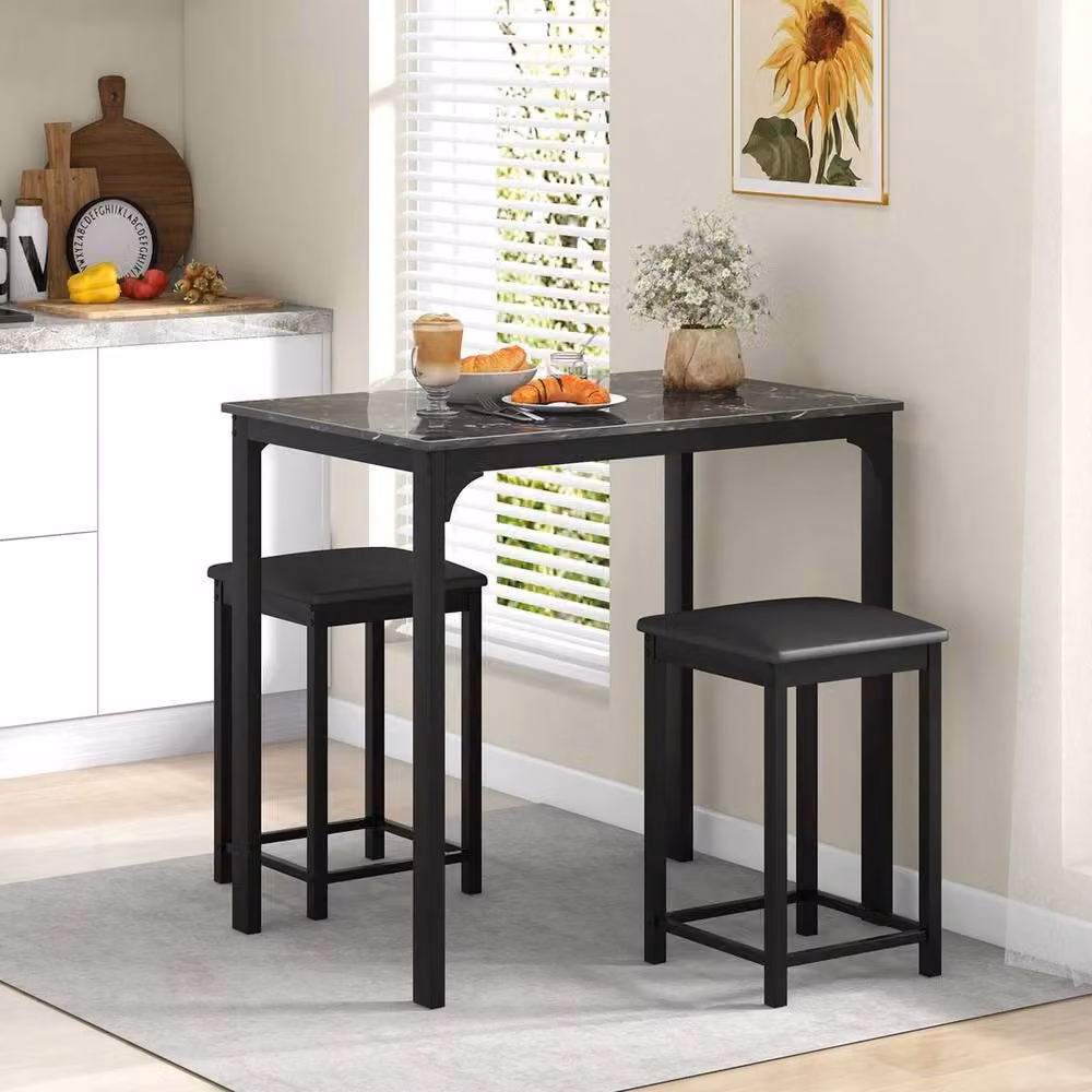 VOGREX Black 3-Piece Modern Counter Height Dining Set with Marble Effect Rectangular Table – 5