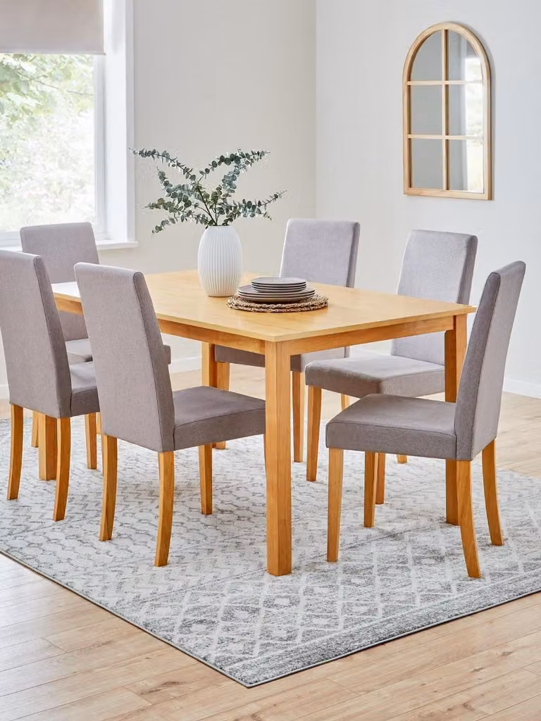 Primo Modern Rectangular Dining Table and 6 Grey Fabric Chairs Set with Wood Finish