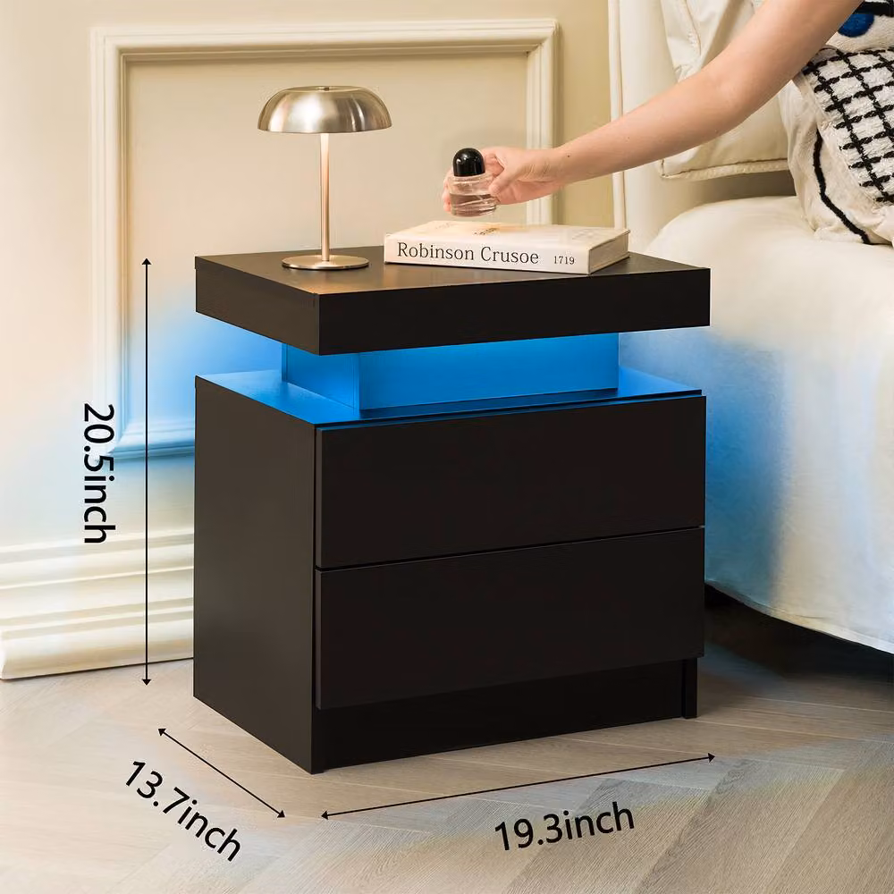 Direct Wicker Modern Black Rattan Bedside Table with Integrated LED Lighting and 2 Drawers – 2