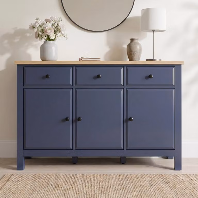 DHS Blue and Black 3 Door Sideboard with 3 Drawers and Oak Top W/D/H: 135 x 43 x 81 cm
