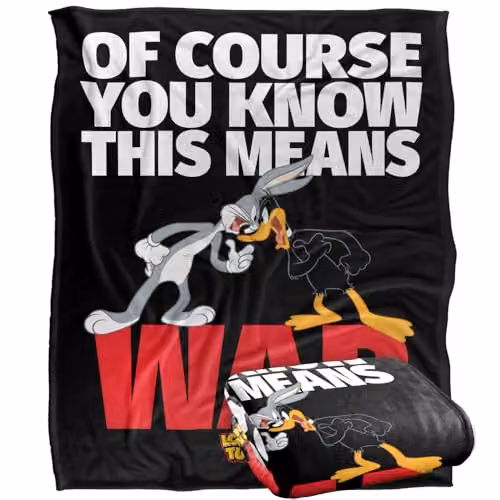 Warner Bros. Looney Tunes Bugs and Daffy This Means War Super Soft Silky Touch Fleece Throw Blanket, Multicolour, W: 152 cm, D: 127 cm