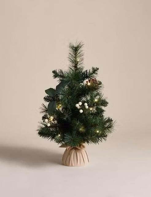 M&S Pre-Lit Tabletop Christmas Tree with White Berries, Green, Height: 45.72 cm