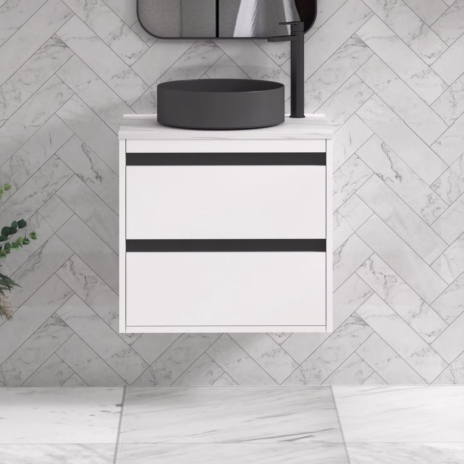 Royal Bathrooms Orion 800mm Matt White Wall Hung Vanity Unit with 2 Drawers, Art Round Basin and Black Accent Trim