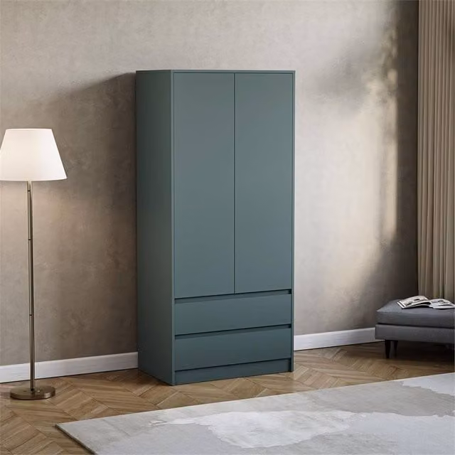 FORGEVIO Modern 2 Door 2 Drawer Wardrobe in Green with Integrated Drawers and Hanging Rod