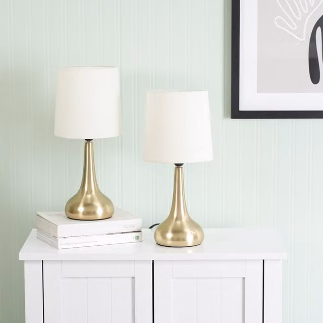 ValueLights Teardrop Pair of Gold Touch Table Lamps with Cream Fabric Shades