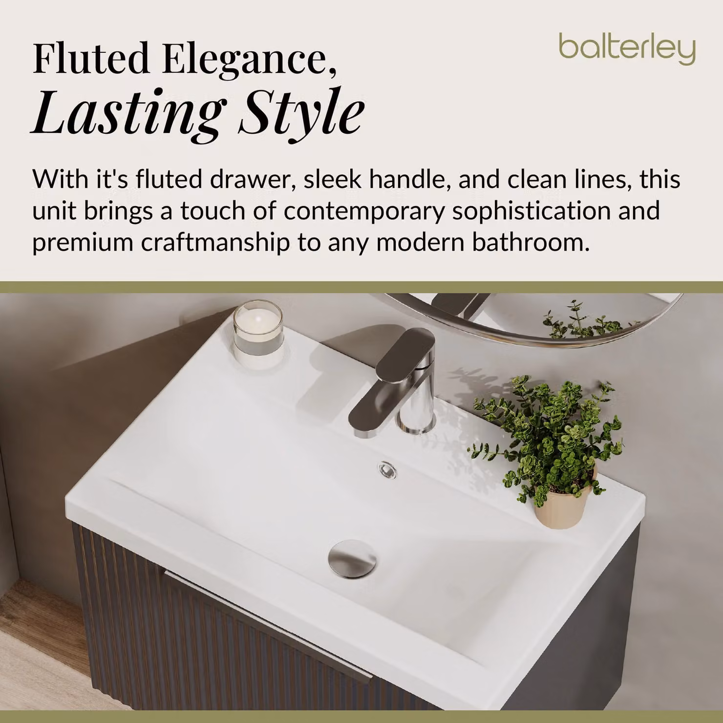 Balterley Fluted Wall Hung 1 Drawer Vanity Basin Unit and Basin, Dark Grey, Width: 600 mm – 3