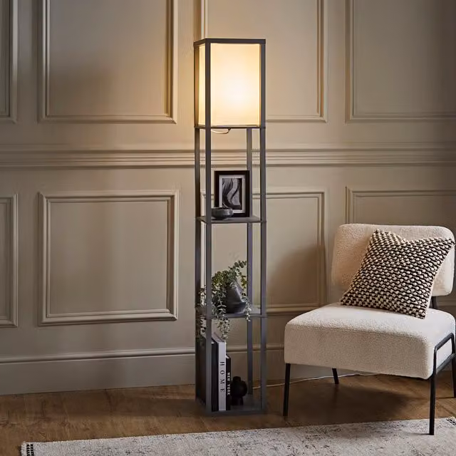 ValueLights Struttura Shelving Unit Floor Lamp with Grey Fabric Shade