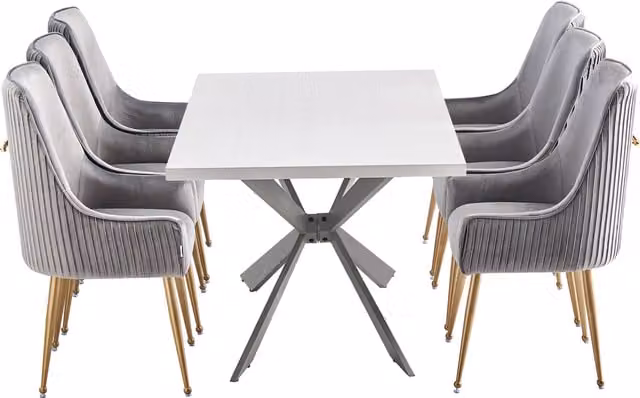 Life Interiors Soho Duke LUX Dining Set with Rectangular Table and 6 Grey Velvet Upholstered Chairs with Gold Metal X-Frame Legs