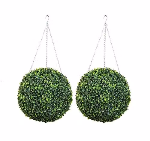 Primrose Pair of 2 Green Artificial Hanging Boxwood Topiary Balls, Diameter: 28 cm