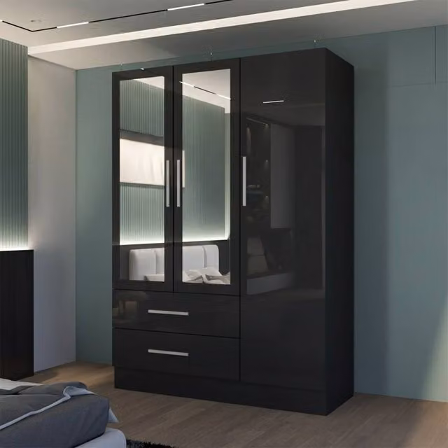 MN Furniture Modern High Gloss 3 Door Mirrored Wardrobe with Drawers and Integrated Lighting in Black and Gold, Width: 120 cm