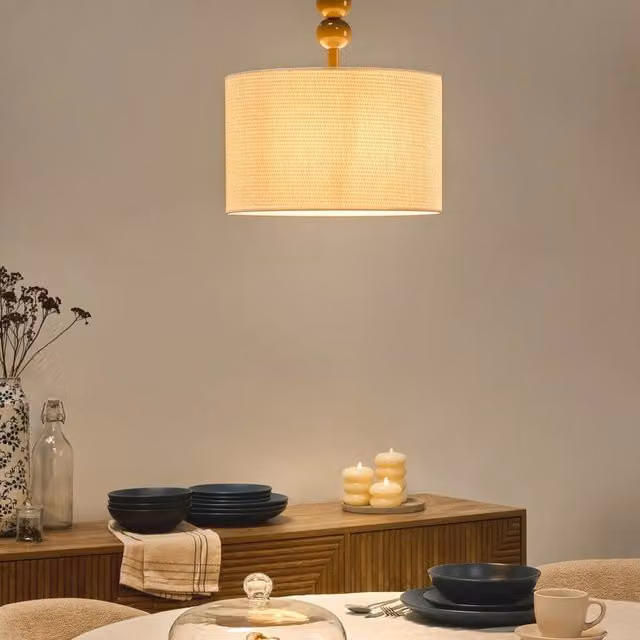Wyld and Coco Mid-Century Modern Cylinder Pendant Lamp with Beige Fabric Shade and Metal Frame – 1